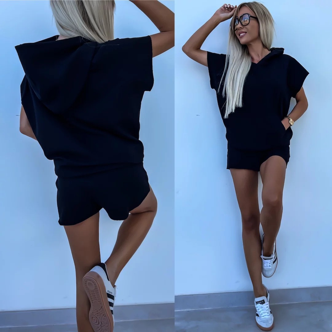 Women's Casual Hooded Sweatshirt and Elastic Shorts Set