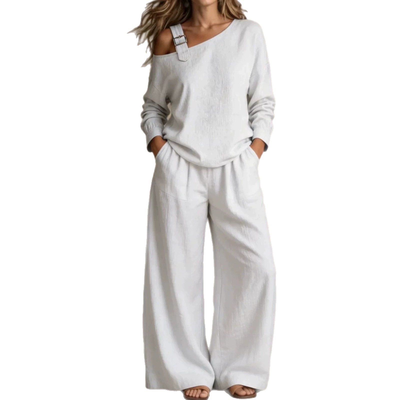 Women's Casual Loose One-Shoulder Linen-Blend Two-Piece Set