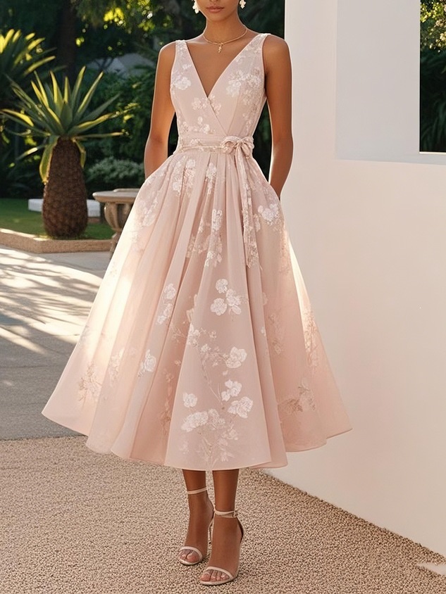 Sleeveless V-Neck Digital Print Dress for Evening Parties