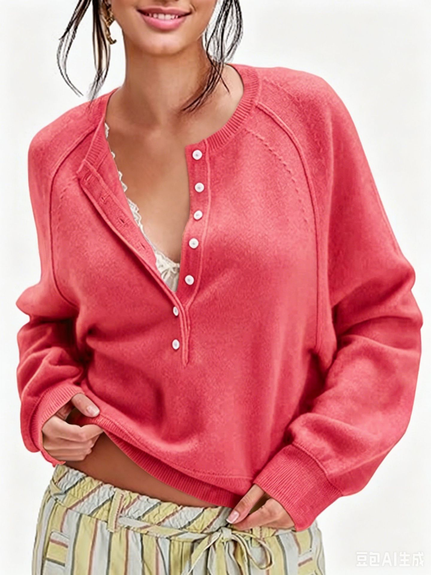 Women's Button-Front Half-Open Neck Sweater Loose Knit Top