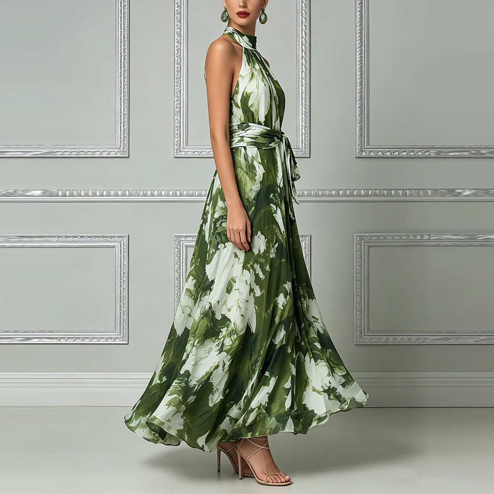 Women's Halter Neck Floral Print Off-Shoulder Maxi Dress
