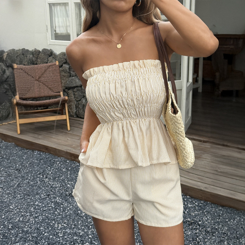 Women's Strapless Ruffle Trim Top and Shorts Two-Piece Set