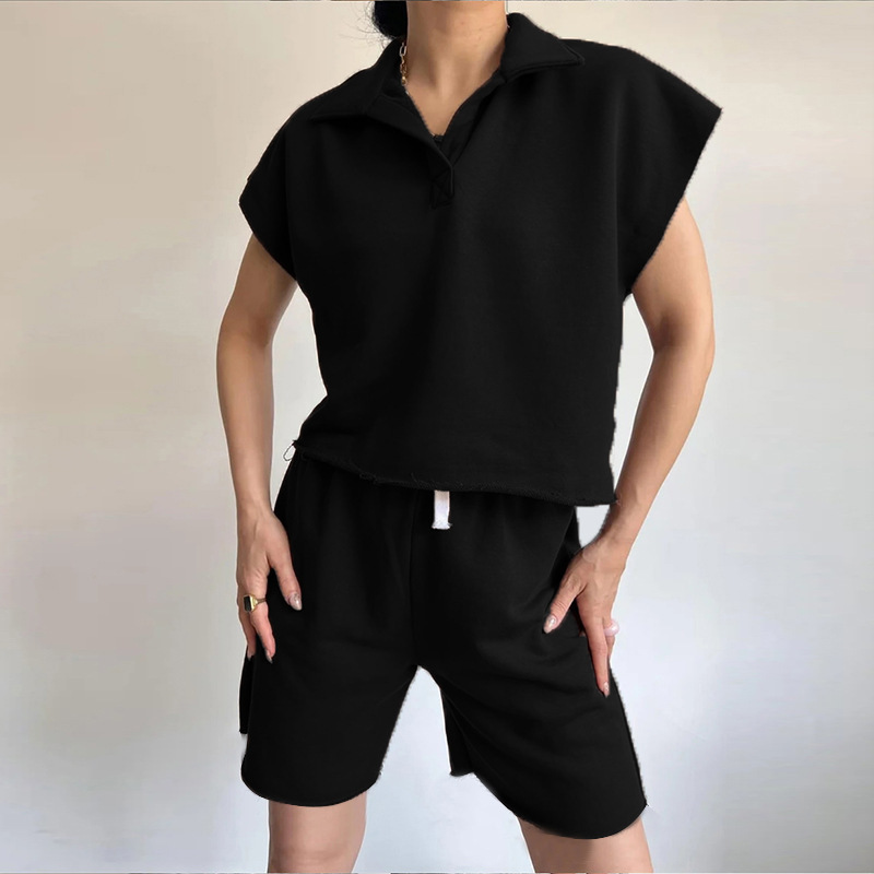 Women's Collared Long-Sleeve Loose Top and Tie Shorts Two-Piece Set