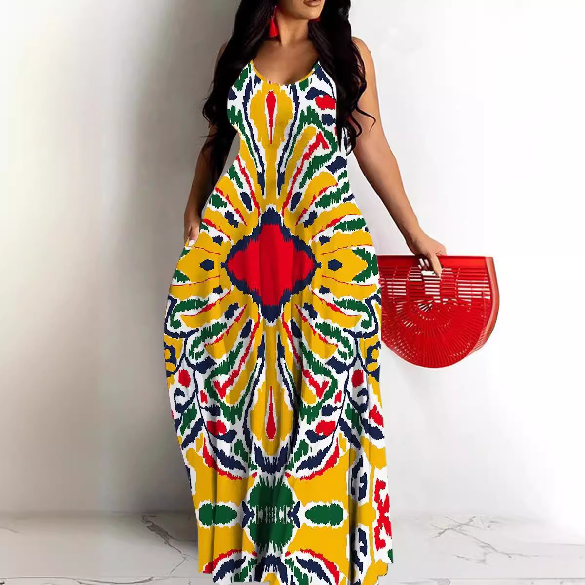 Women's Printed Deep V-Neck Sleeveless Maxi Dress