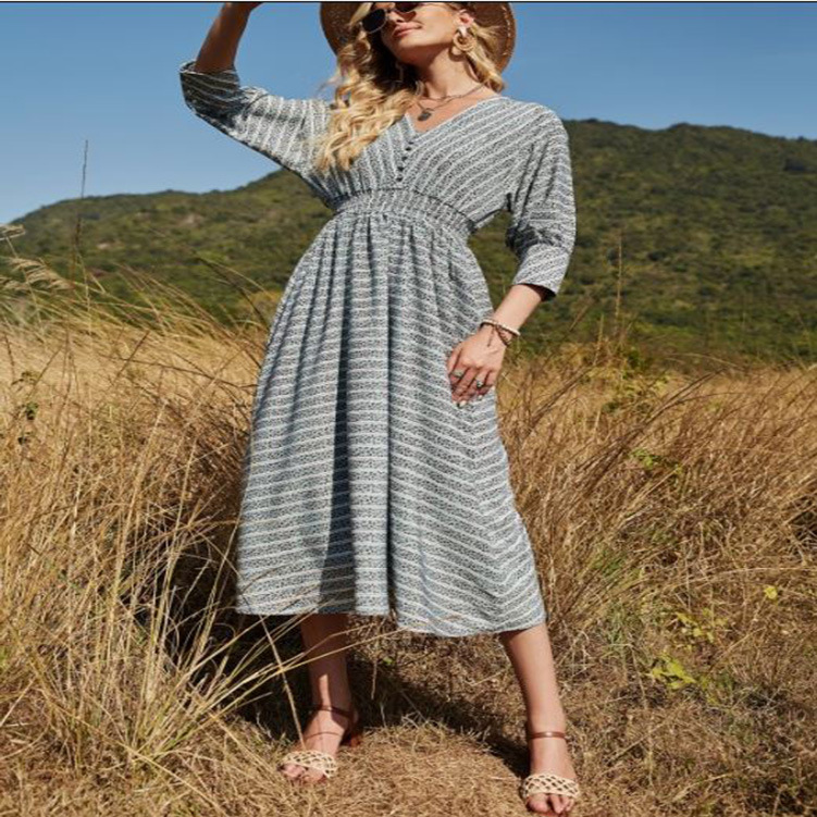 V-Neck Striped Midi Dress Casual High Waist