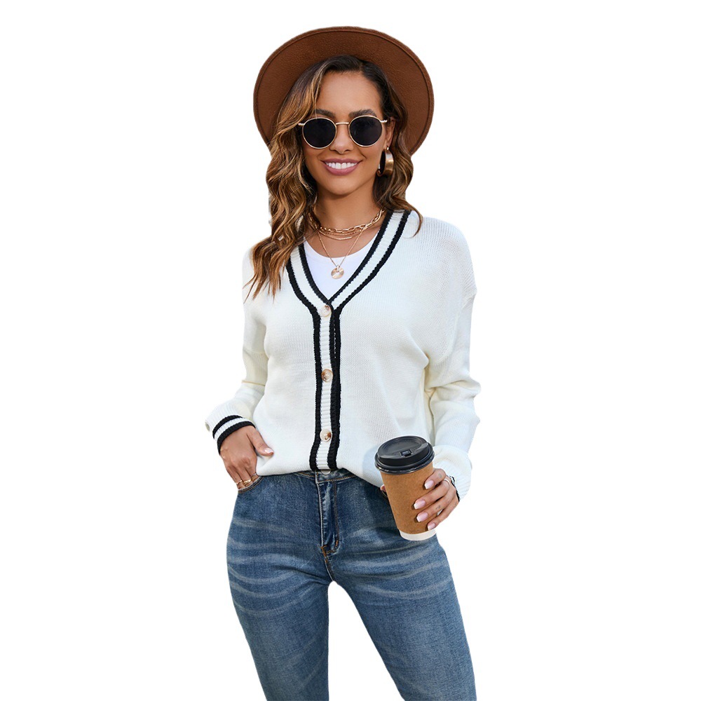 Women's Color-Block Button Knit Cardigan V-Neck Long Sleeve