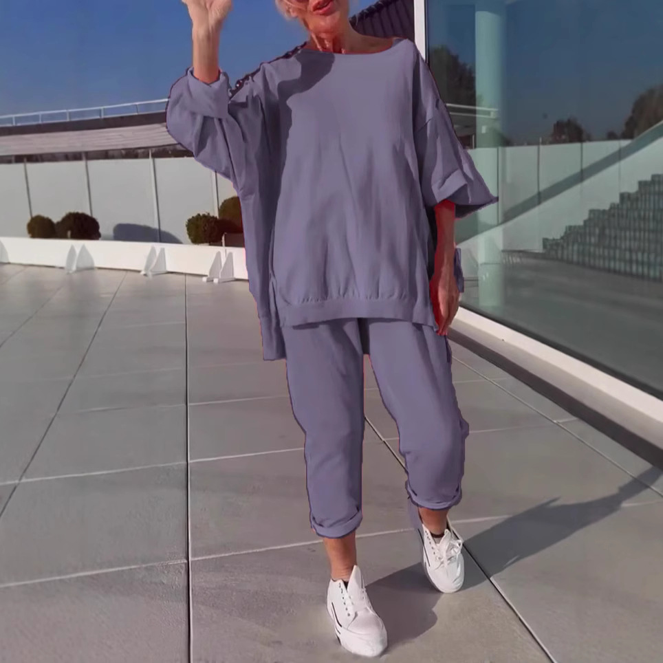 Women's Casual Solid Color Crew Neck Long Sleeve Top and Pants Set
