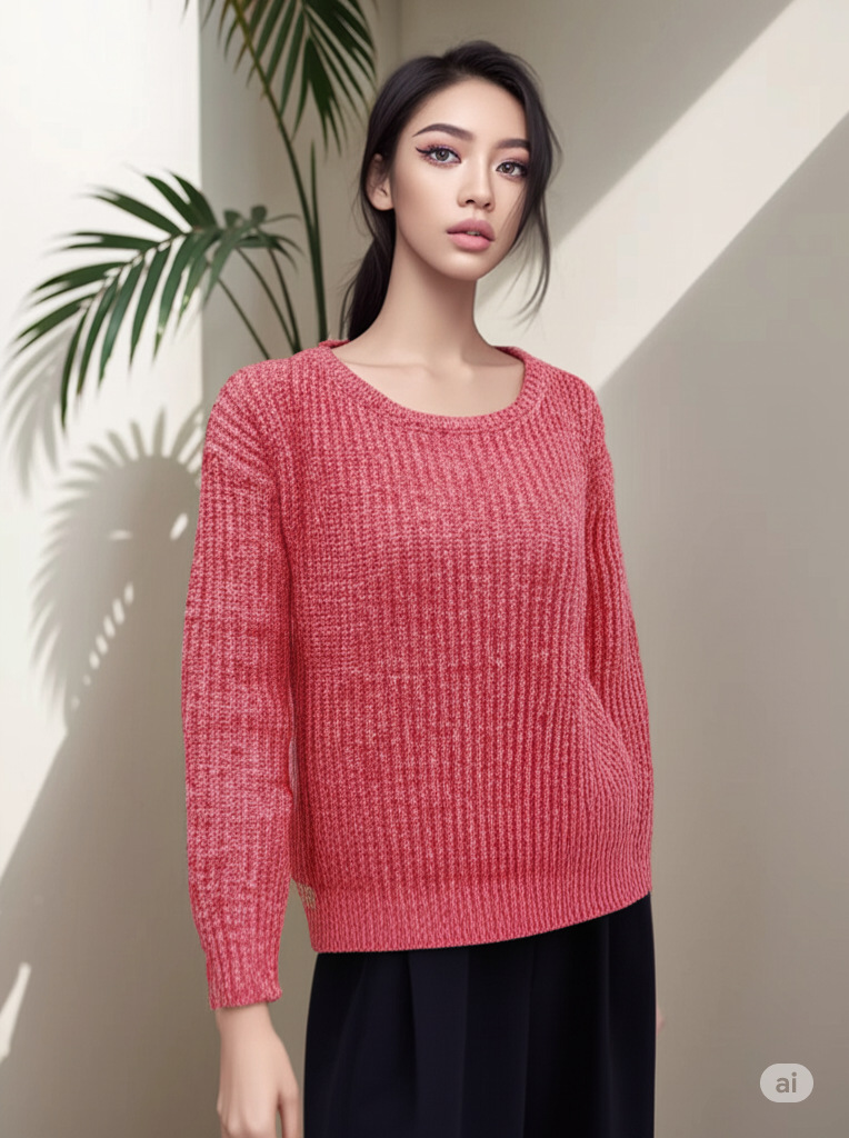 Women's Solid Crewneck Pullover Sweater Loose Long Sleeve Knit Top