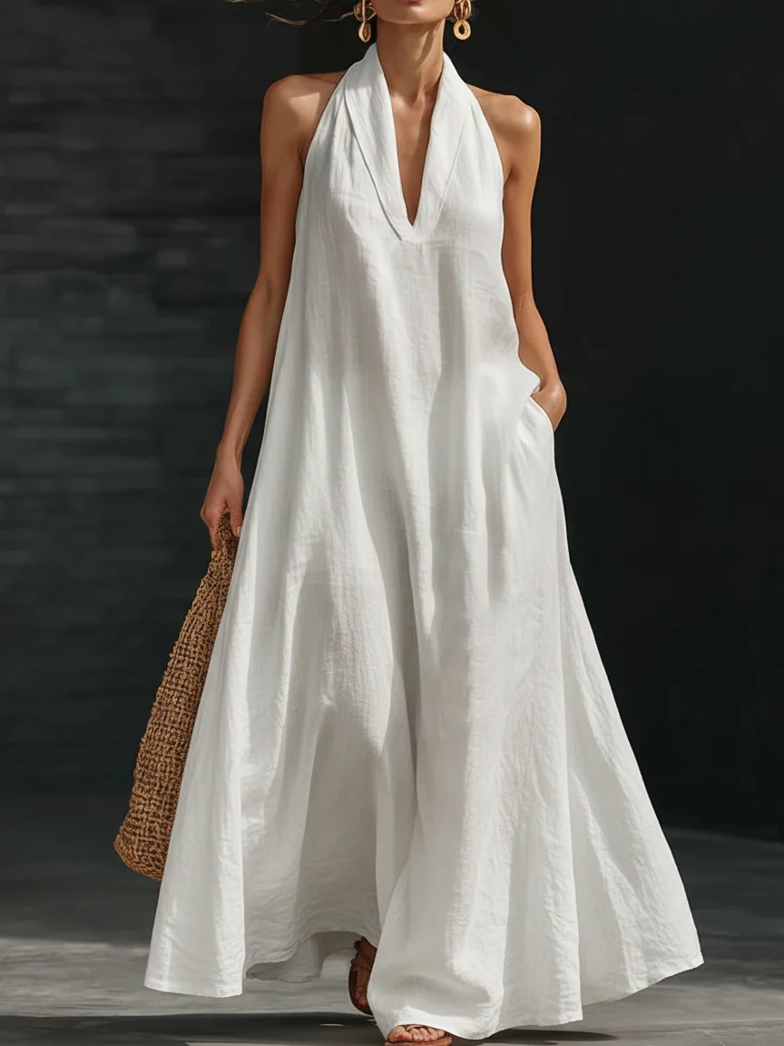 Women's Casual Solid V-Neck Long Dress