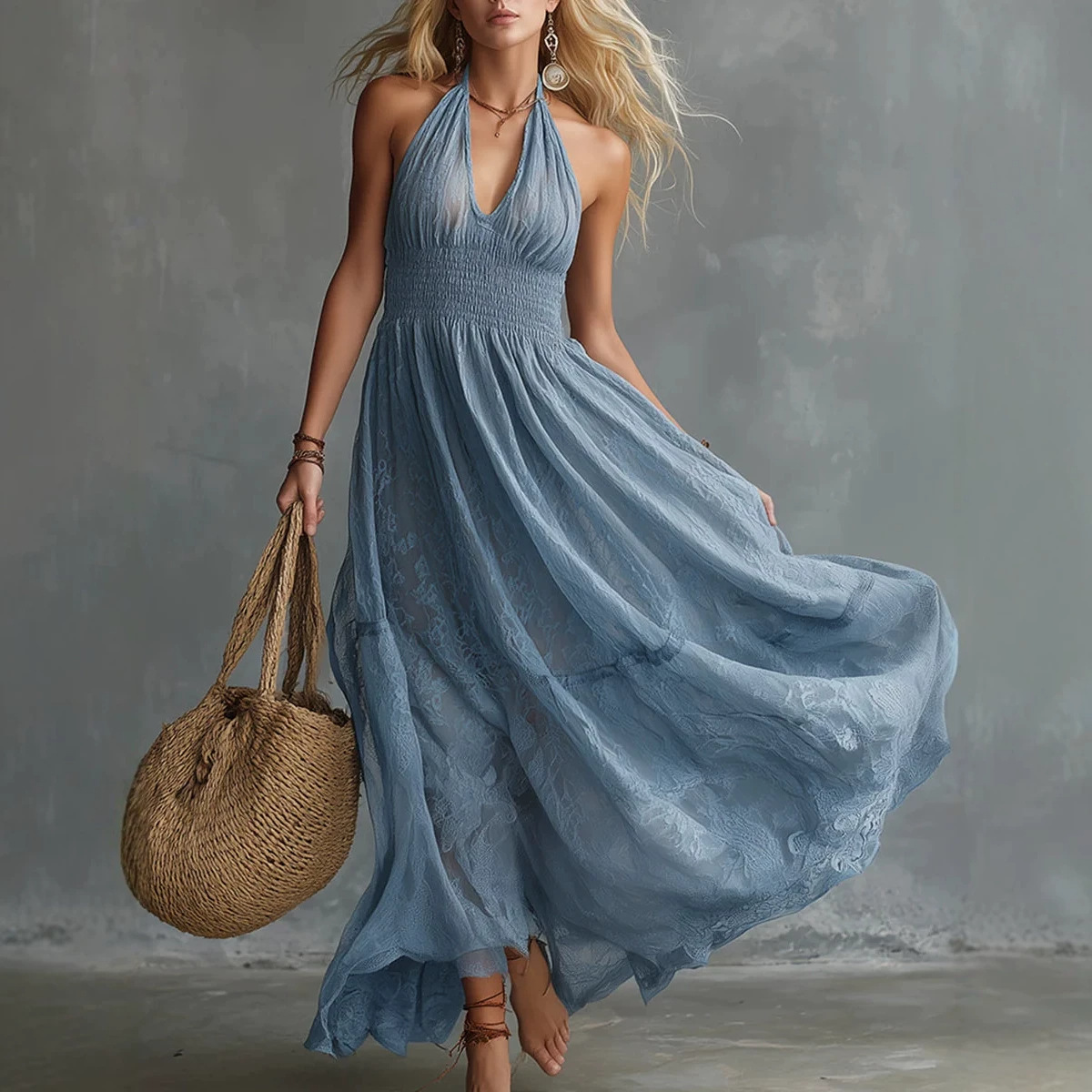 Women's Halter Neck Smocked Sleeveless Jacquard Long Dress