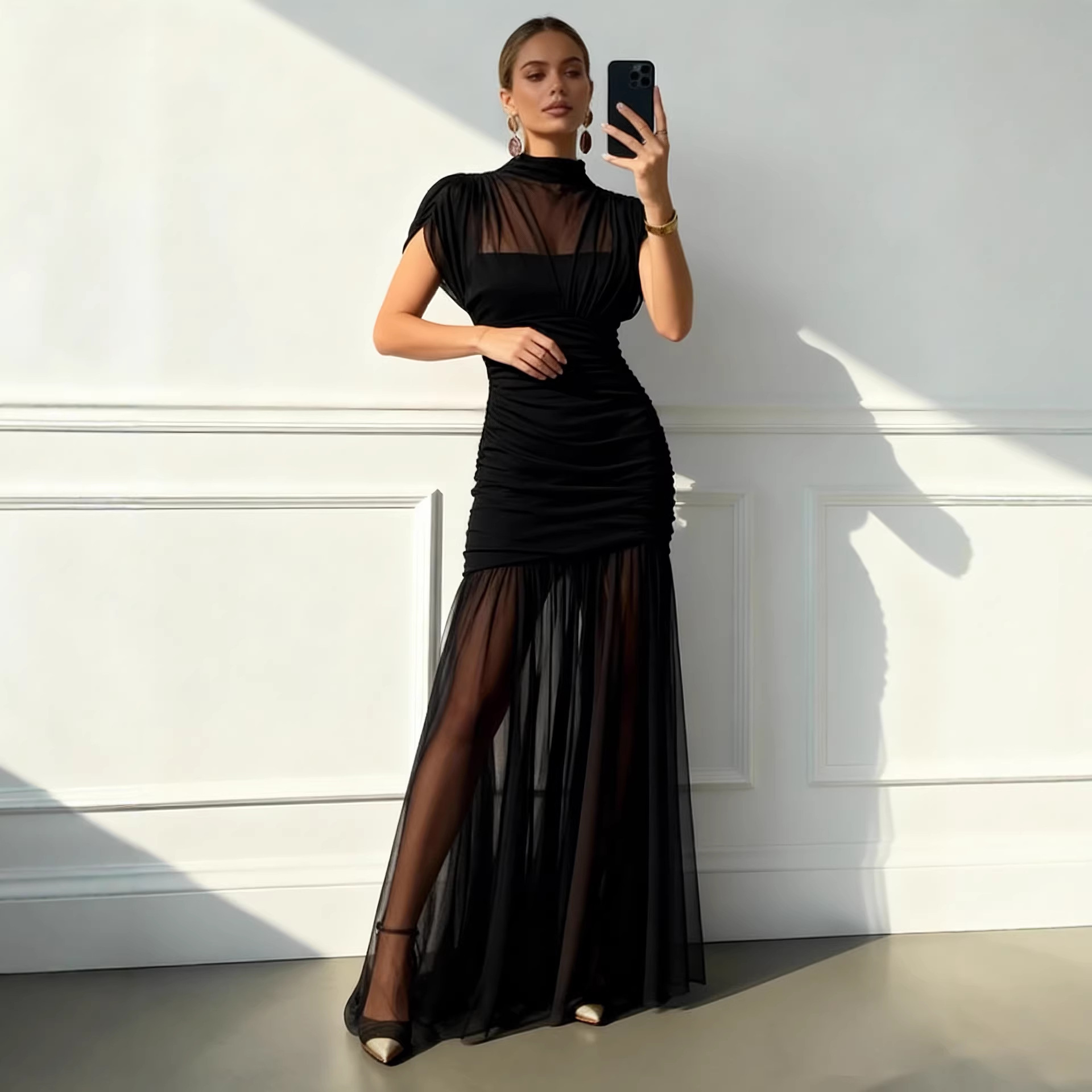 Women's Sexy Solid Bodycon Mesh Long Dress