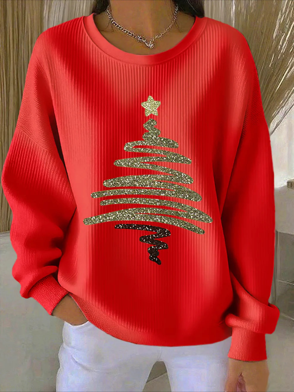 Women's Pumpkin Christmas Tree Bow Print Crewneck Sweatshirt