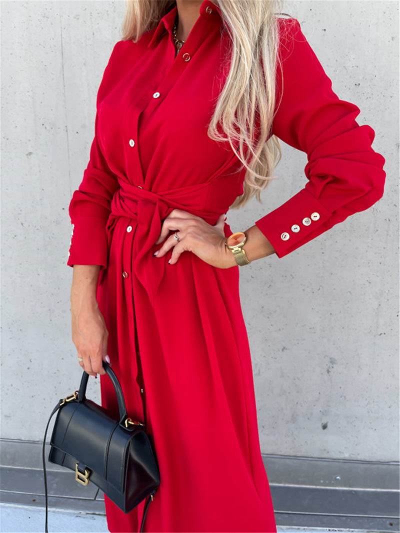 Women's Solid Color Long Sleeve Open Front Maxi Dress with Tie