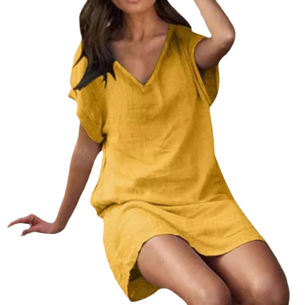 Women's Cotton Linen V-Neck Short Sleeve Loose Casual Dress