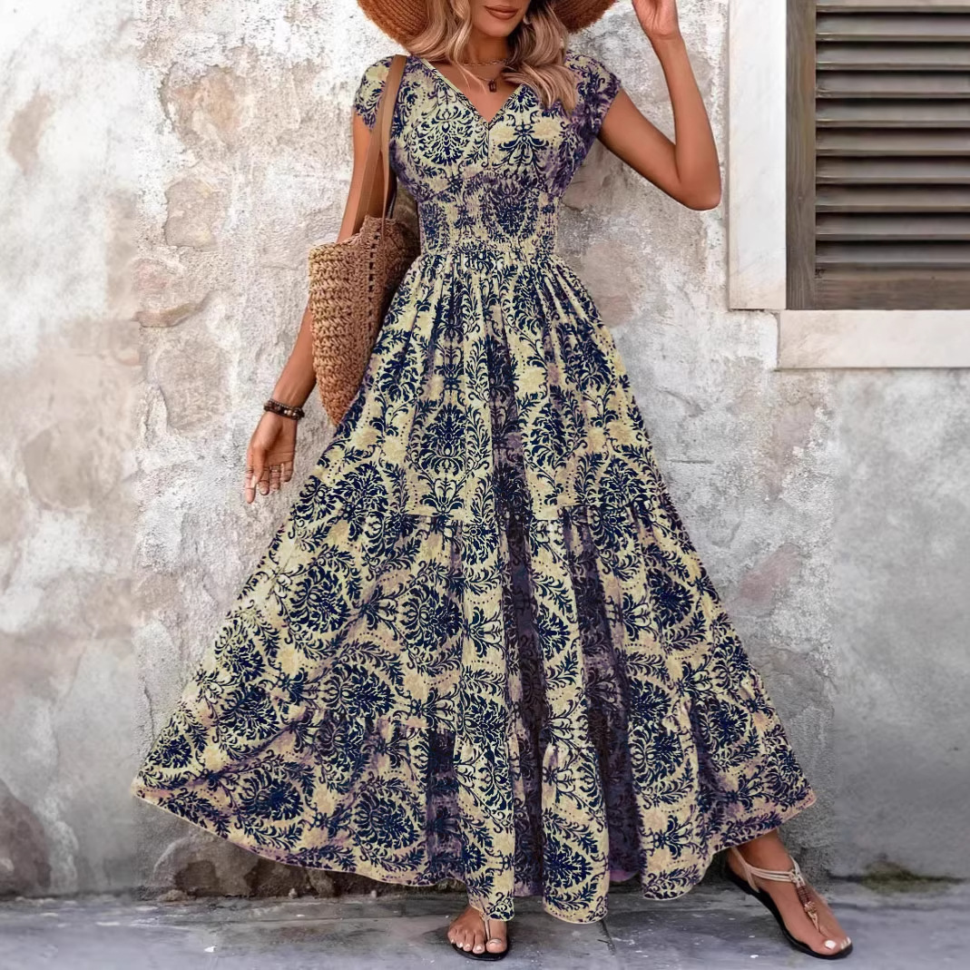 Vintage Geometric Print V-Neck Short Sleeve A-Line Maxi Dress