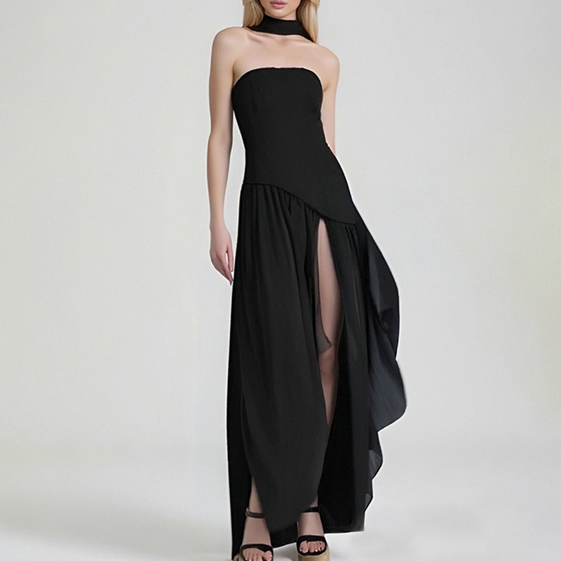 Elegant Slim-Fit Solid Color Waist-Cinched Split French Dress