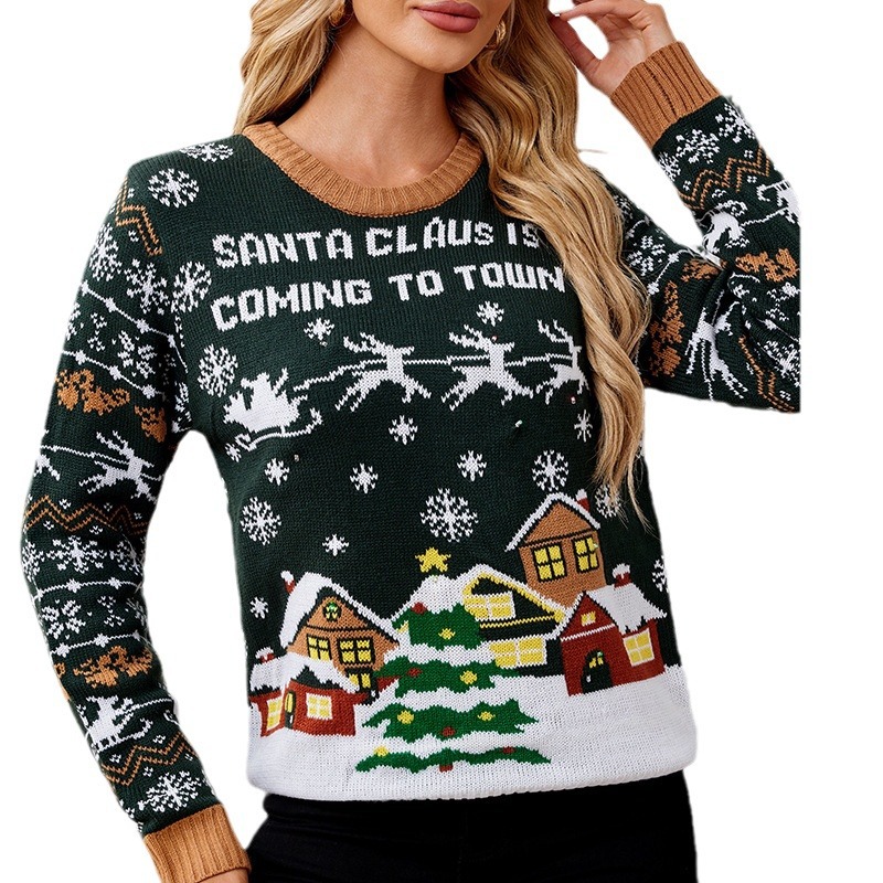 Women's Casual Round Neck Christmas Sweater with LED Lights