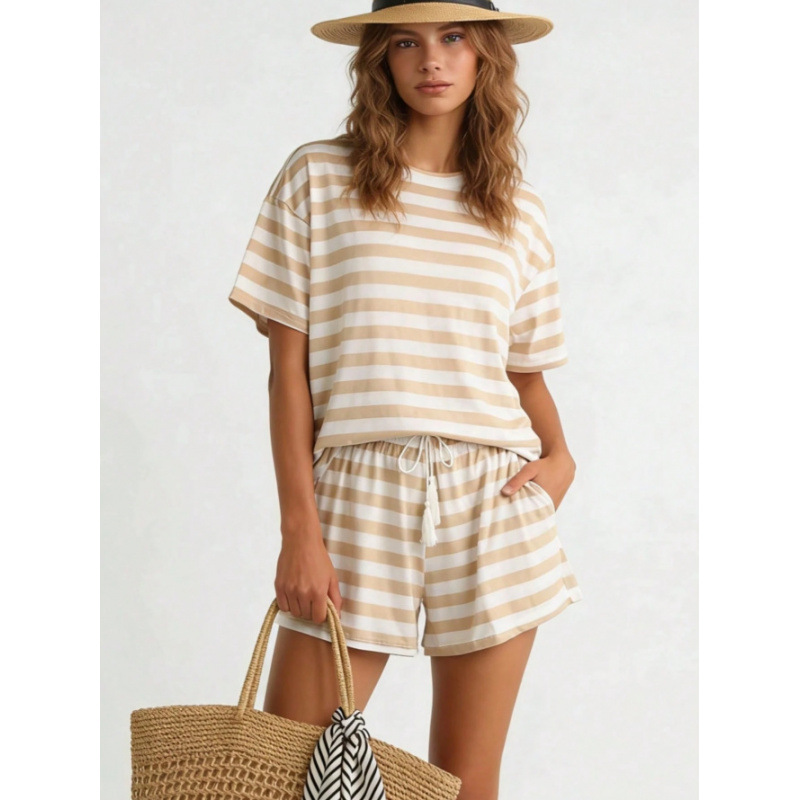Women's Color-Block Striped Short Sleeve Shorts Lounge Set