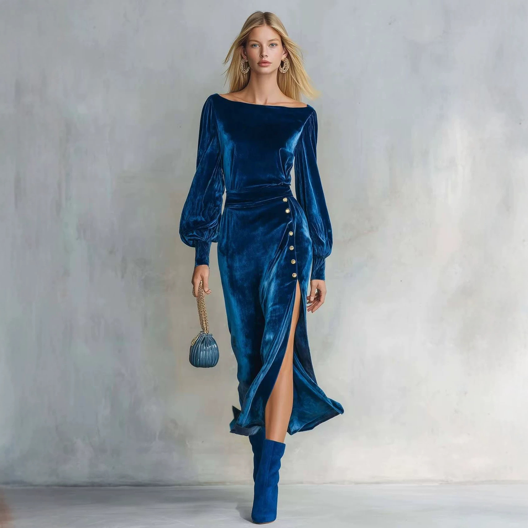 Elegant Off-Shoulder Long-Sleeve Velvet Maxi Dress with Buttons