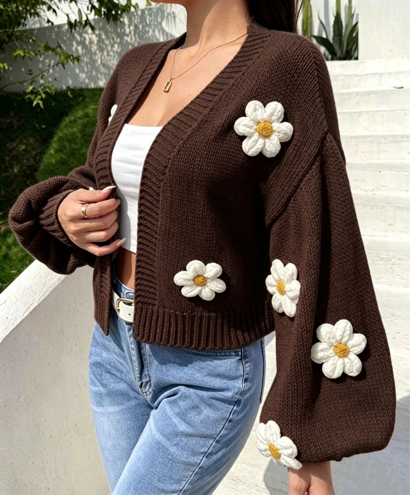 Women's 3D Floral Cardigan Sweater Short Loose Knit V-Neck
