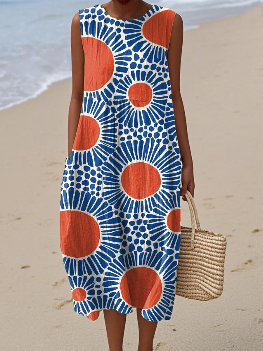 Women's Retro Multicolor Striped Floral Sleeveless Midi Dress