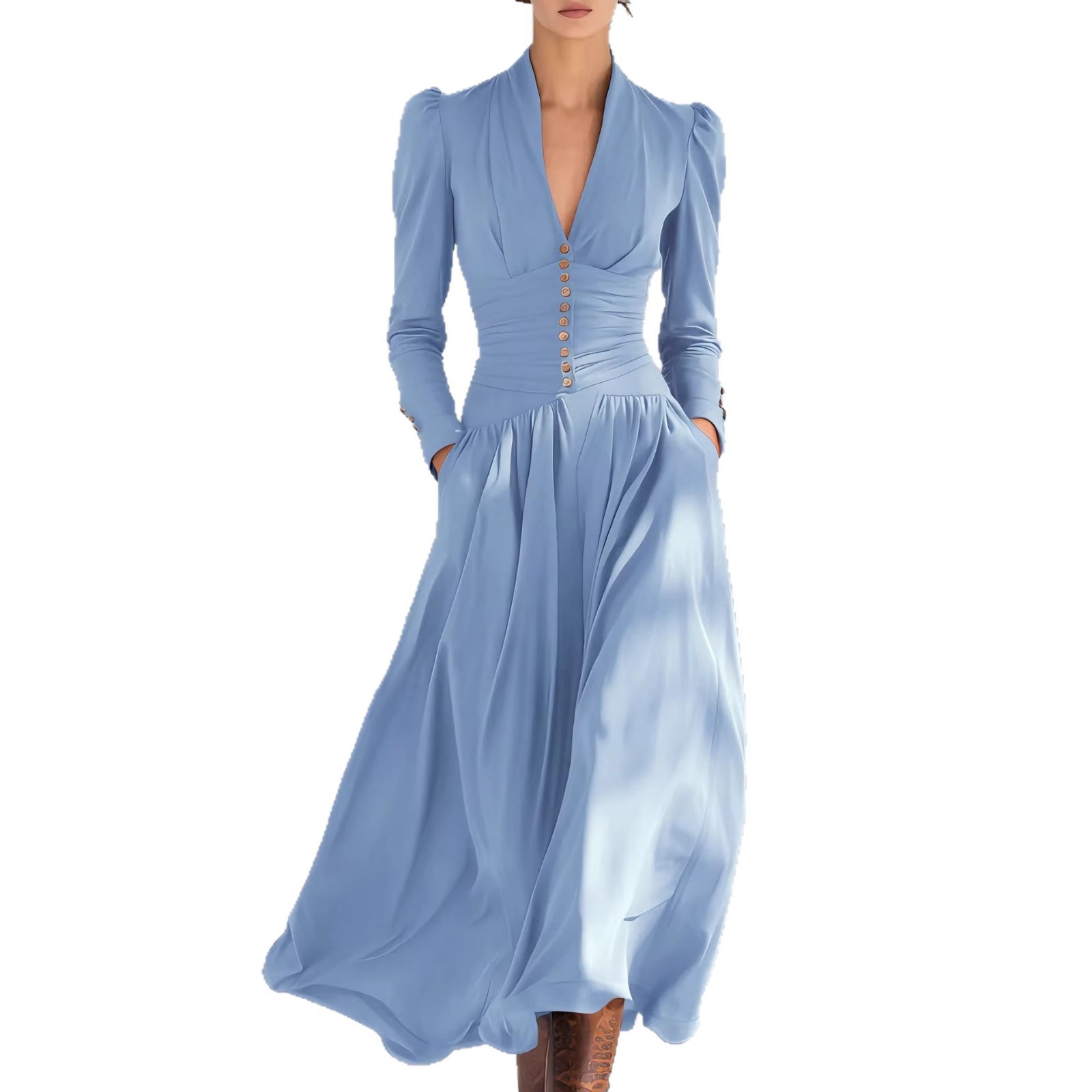 Elegant V-Neck Puff Sleeve Long Sleeve Maxi Dress with Cinched Waist