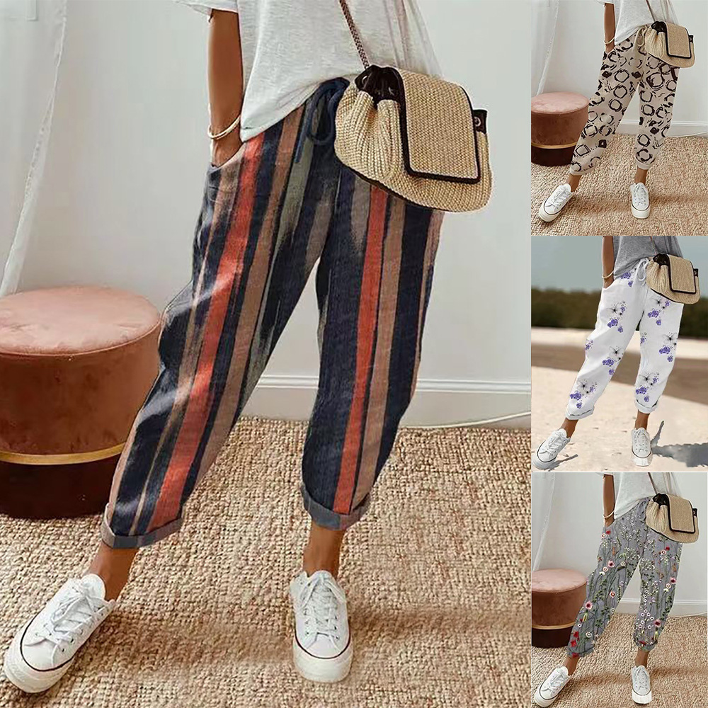 Women's Printed Cotton-Linen Casual Pants with Pockets