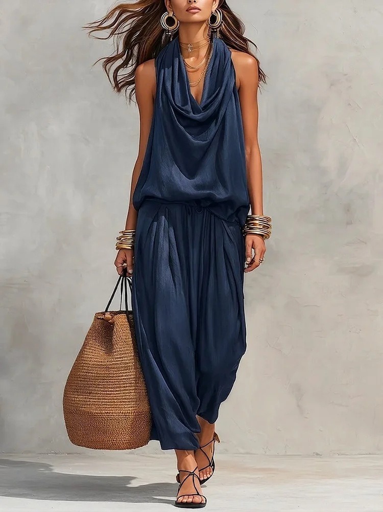 Elegant Draped-Neck Tank Top and Pants Set