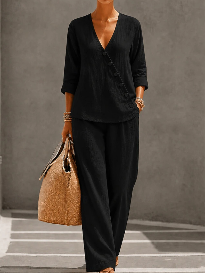 Women's Solid Color Button Top and Straight-Leg Pants Set