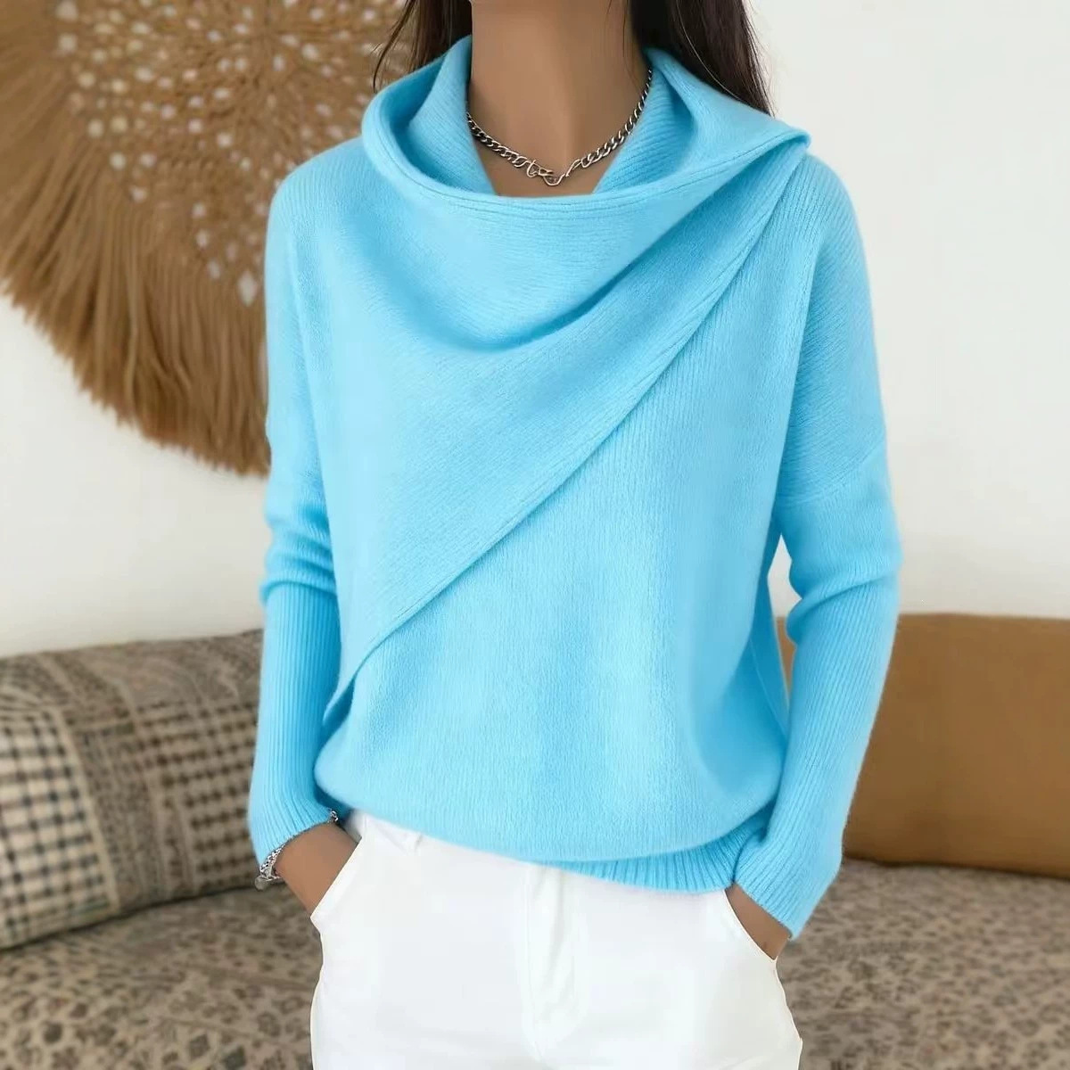 Women's Crewneck Knit Pullover Sweater Casual Loose Solid Color