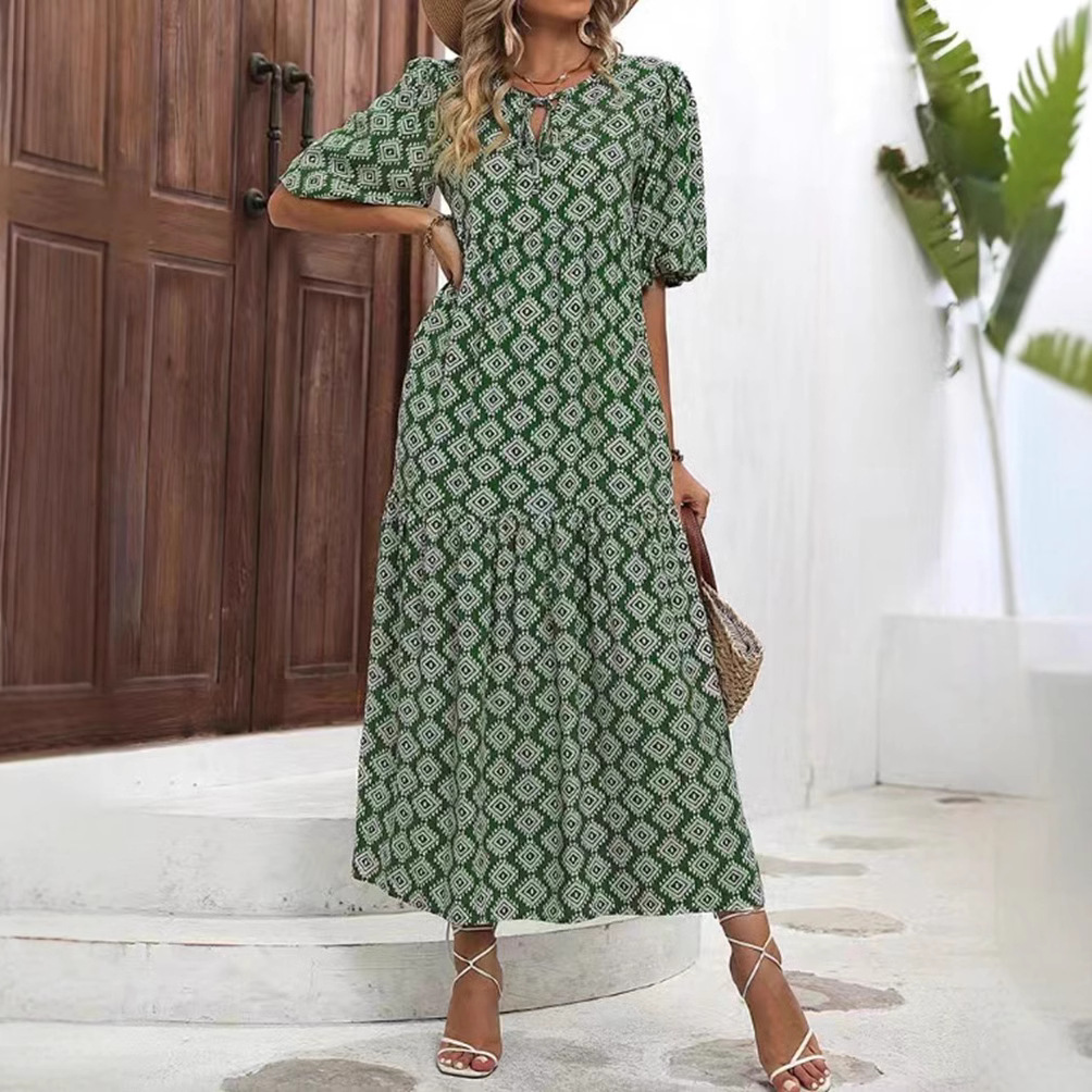 Floral Print Loose-Fit Maxi Dress with Short Sleeves and High Waist