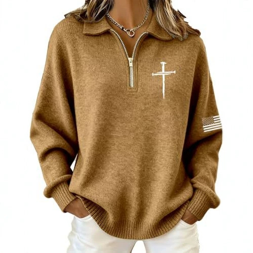 Cross American Flag Print Half-Zip Hoodie