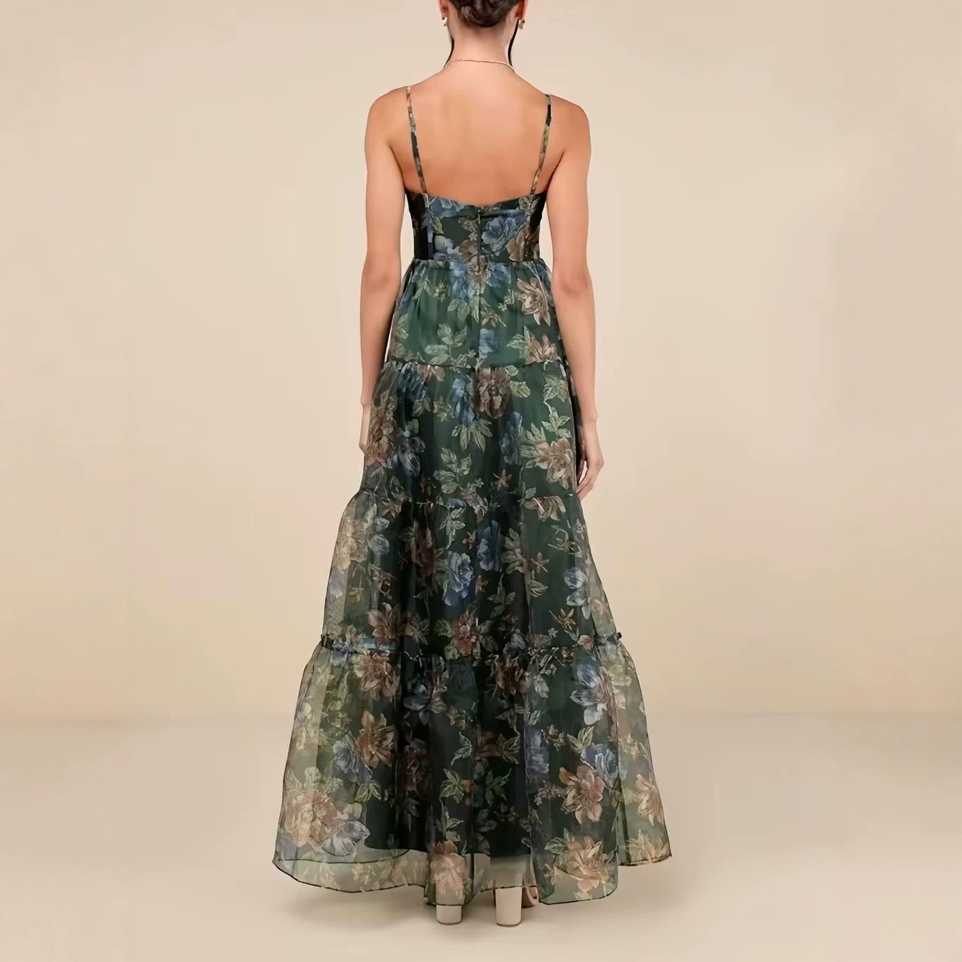 Dark Green Vintage Floral Print Sleeveless Tiered Maxi Dress with Flowy Mesh