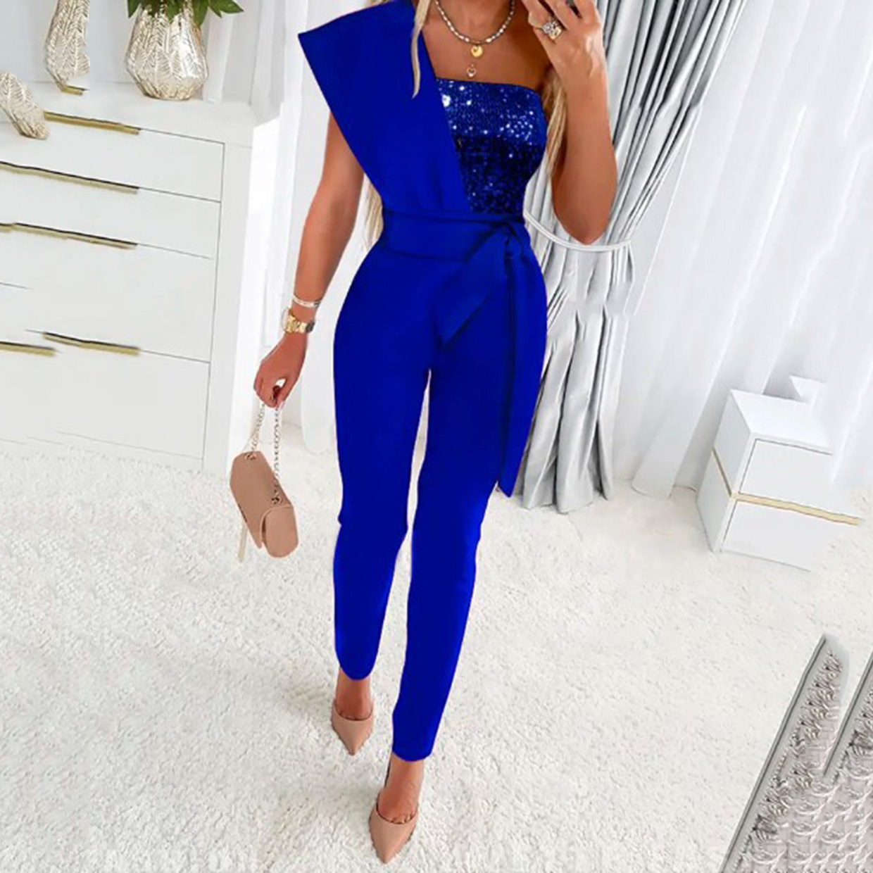 Printed Sleeveless Jumpsuit with Belt and Sequin Detail