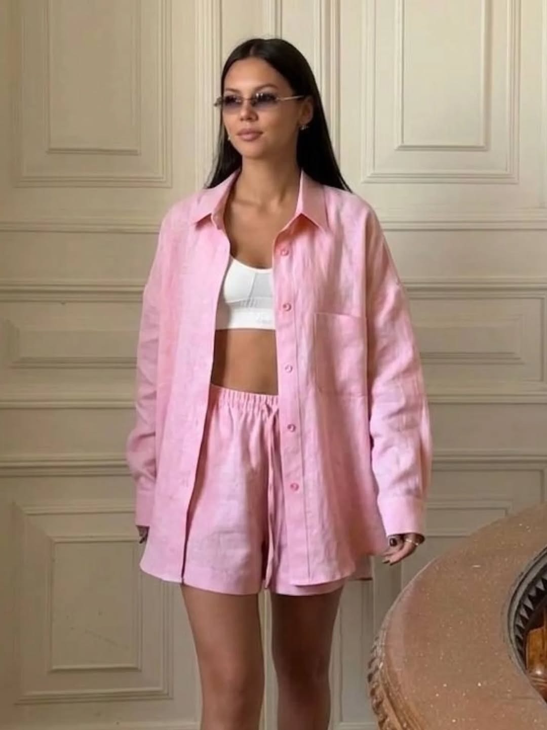 Women's Loose Long Sleeve Button Shirt and Shorts Two-Piece Set Casual Solid Color