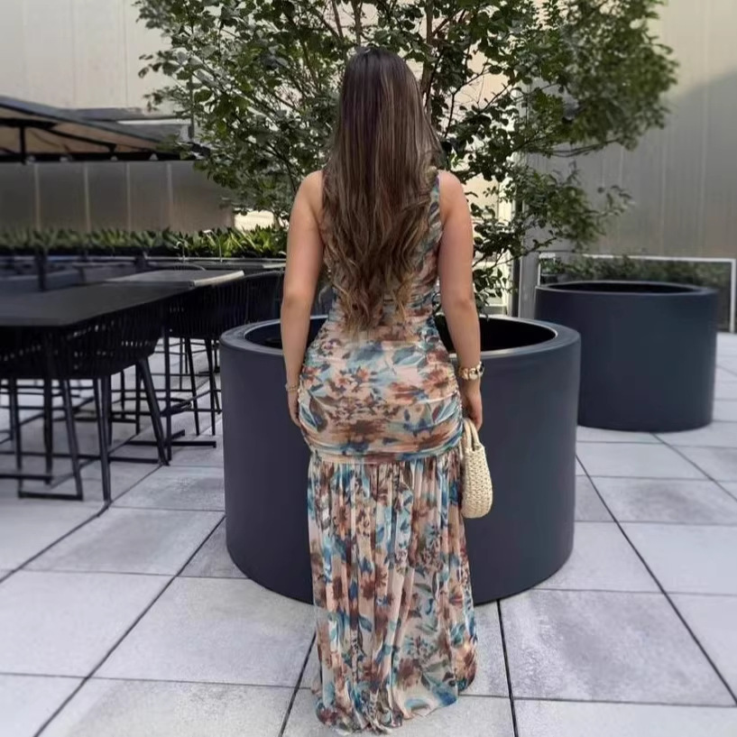 Digital Print One-Shoulder Sleeveless High-Slit Maxi Dress