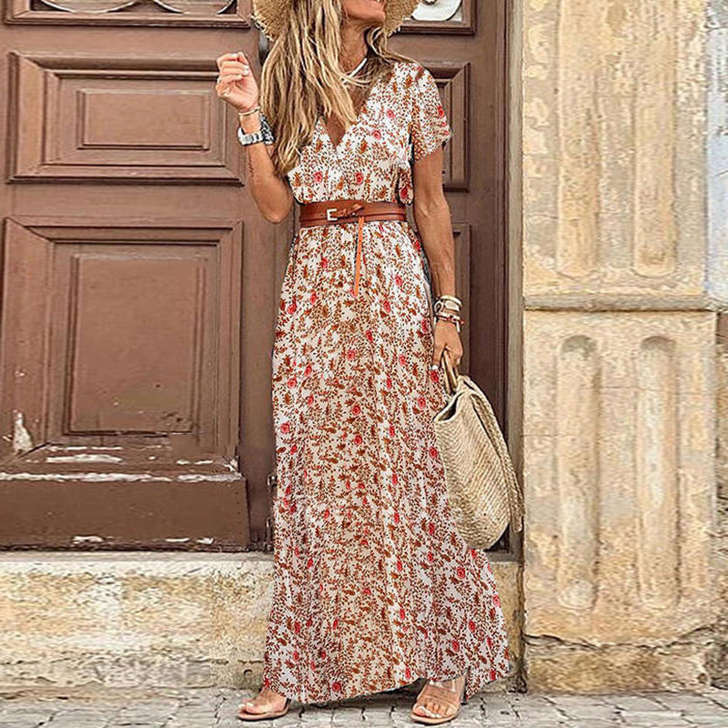 Bohemian V-Neck Floral Print Midi Dress