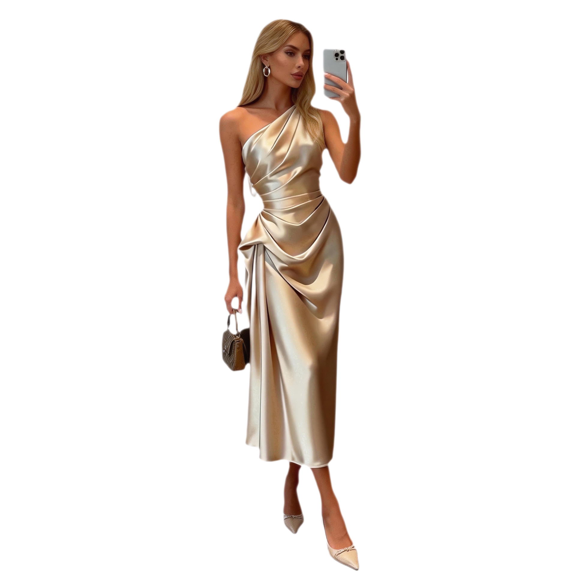 Champagne Gold Satin One-Shoulder Midi Dress