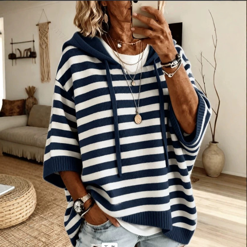 Striped Knit Hooded Sweater with Drawstring Loose Fit