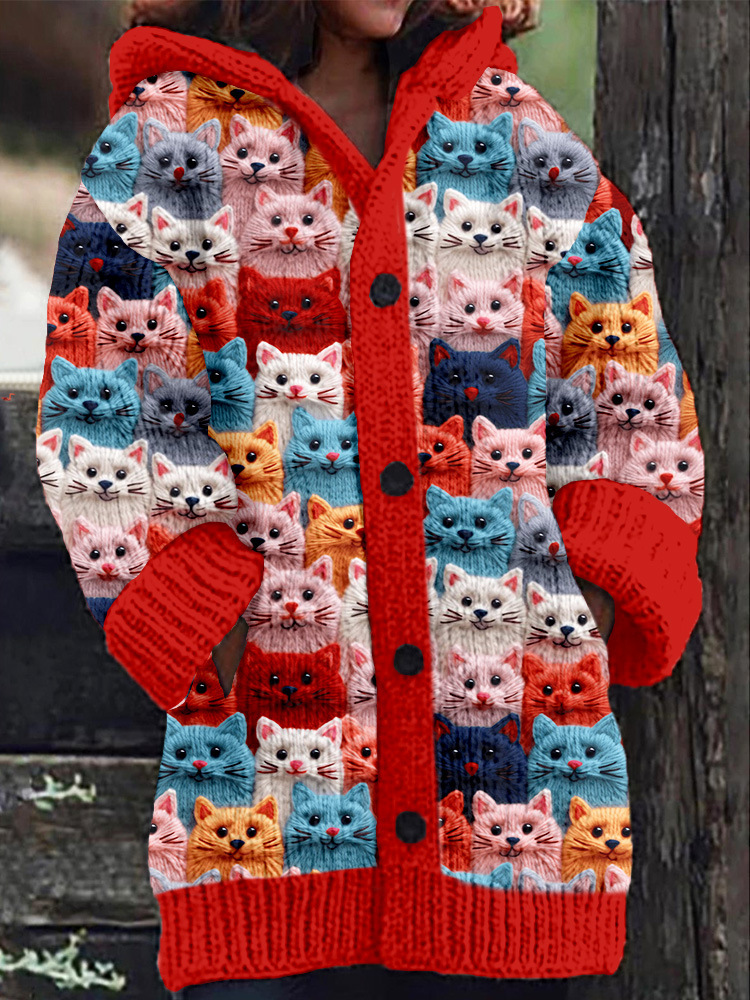 Women's Colorful Animal Print Hooded Button Cardigan Sweater