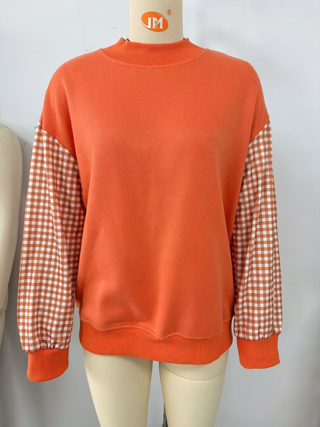 Women's Loose Half-Turtleneck Color-Block Plaid Fleece Sweatshirt