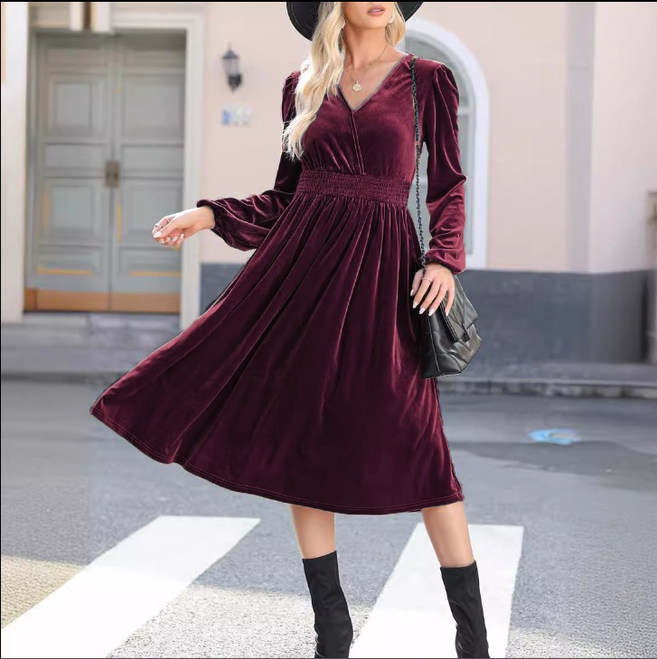 Solid Long Sleeve V-Neck Pleated High Waist A-Line Midi Dress