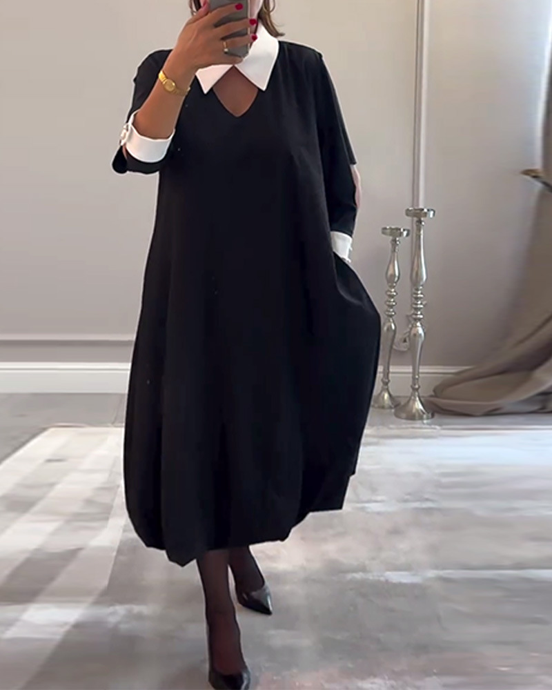 Women's Long Sleeve Loose Pocket Patchwork Dress with Collar