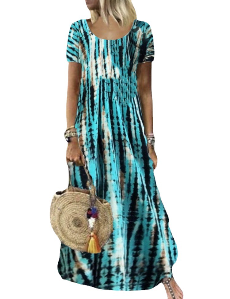 Tie-Dye Print Short Sleeve Round Neck Maxi Dress Plus Size Casual
