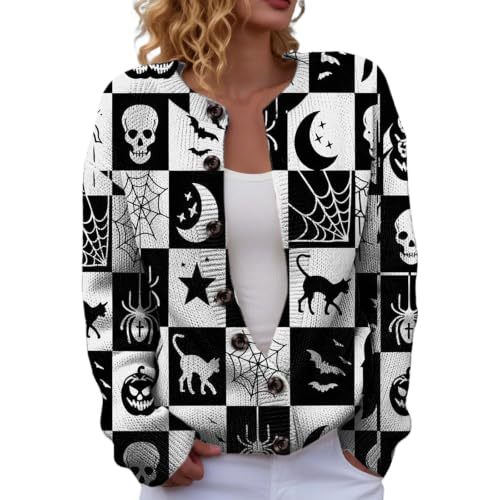 Halloween Pumpkin Castle Print Faux Knit Cardigan for Women