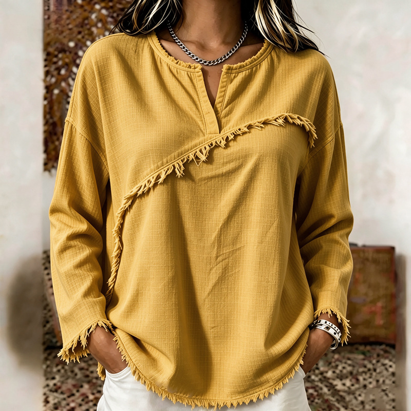 Women's Textured Fringe Tassel Retro Crewneck Long Sleeve Top Blouse