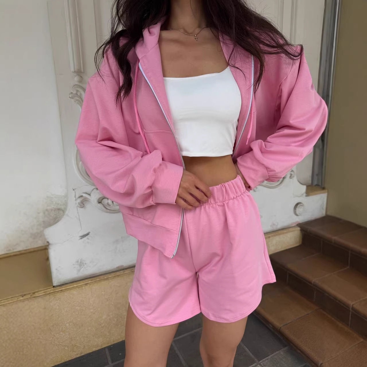 Women's Long-Sleeve Hooded Top and Shorts Two-Piece Set