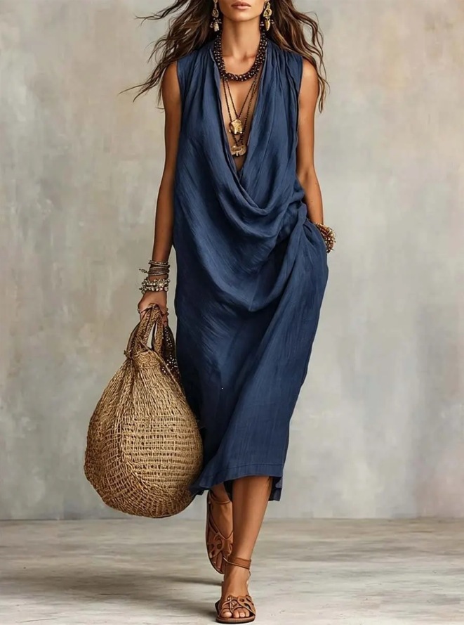 Women's Casual Draped Neck Cotton Linen Dress Loose Sleeveless Vacation Dress