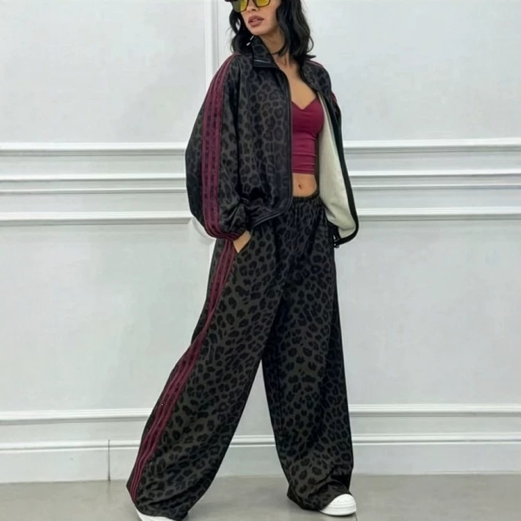 Leopard Print Striped Track Jacket and Pants Set