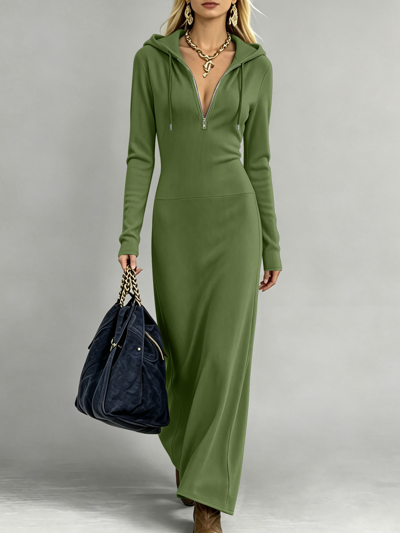 Hooded Half-Zip Long Sleeve Maxi Dress Slimming Casual